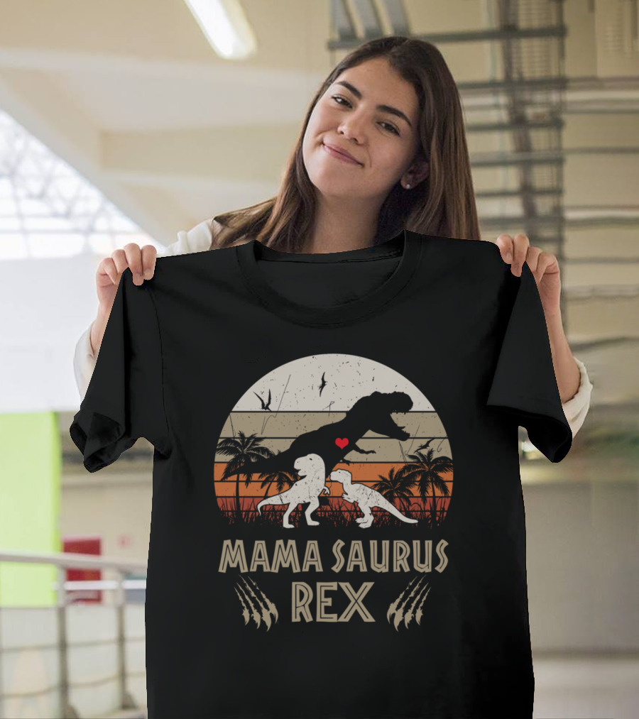 Mama Saurus Rex Dinosaur Silhouette With Heart And Palm Trees T-Shirt