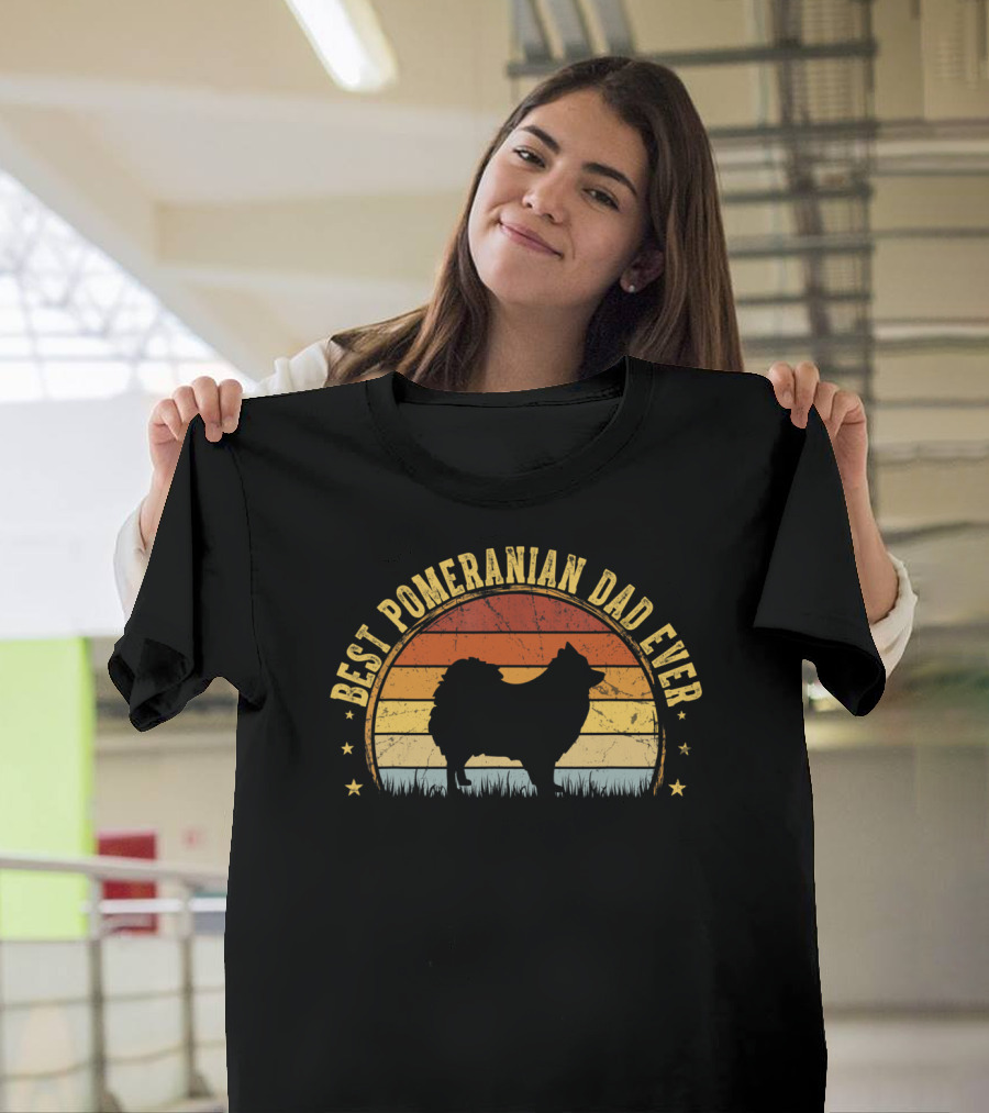 Best Pomeranian Dad Ever Retro Sunset T-Shirt