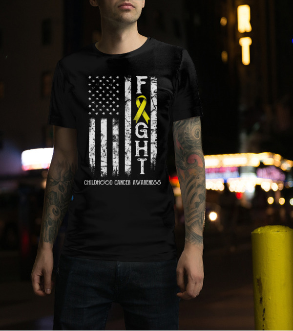 Fight Childhood Cancer Awareness US Flag Yellow T-Shirt