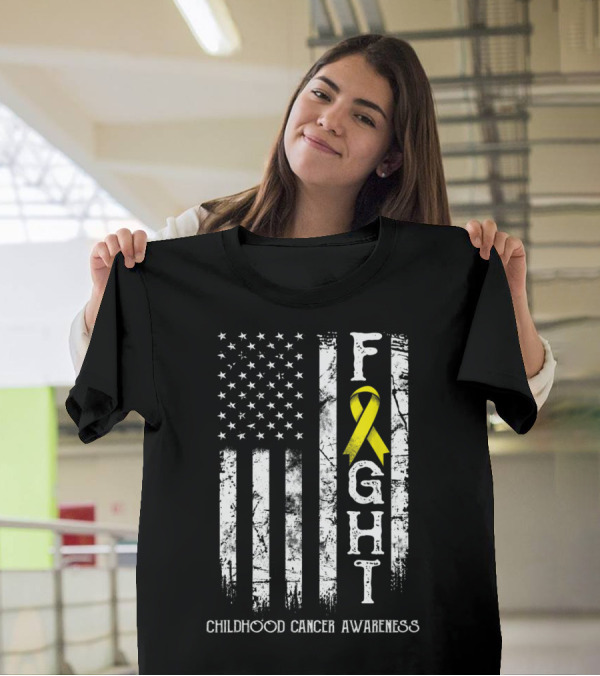 Fight Childhood Cancer Awareness US Flag Yellow T-Shirt
