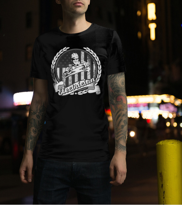 Electrician American Flag Power Tools Worker Emblem T-Shirt