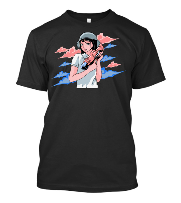 Aesthetic Girl Holding Helmet And Ray Gun With Colorful Cloud Background T-Shirt