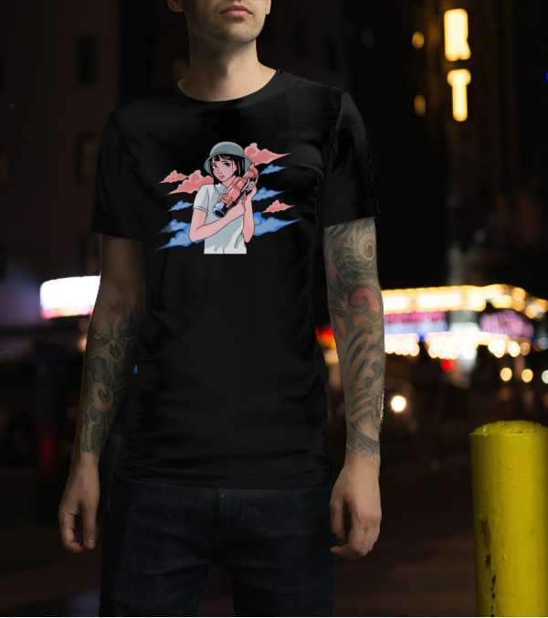 Aesthetic Girl Holding Helmet And Ray Gun With Colorful Cloud Background T-Shirt