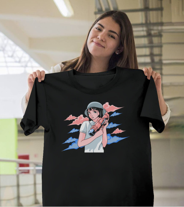 Aesthetic Girl Holding Helmet And Ray Gun With Colorful Cloud Background T-Shirt
