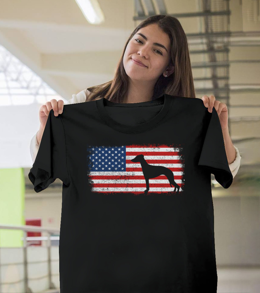 Whippet Silhouette Over American Flag Patriotic T-Shirt