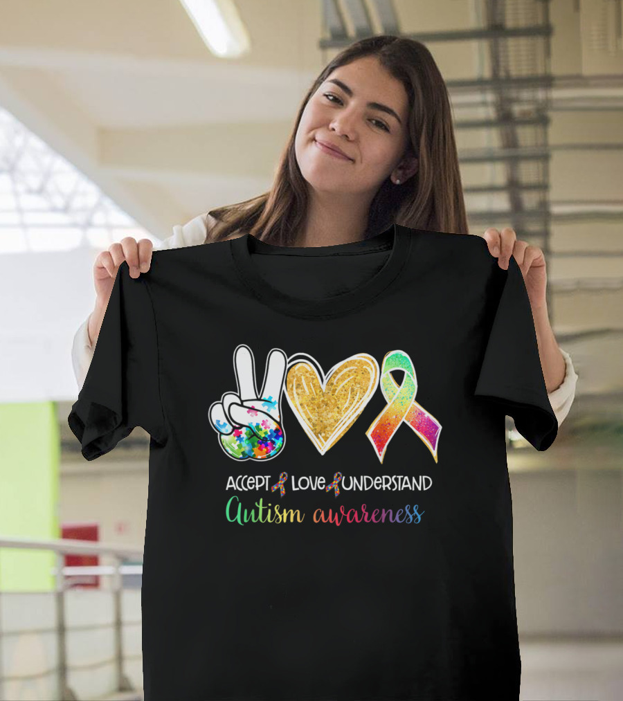 Accept Love Understand Autism Awareness Peace Sign Heart T-Shirt