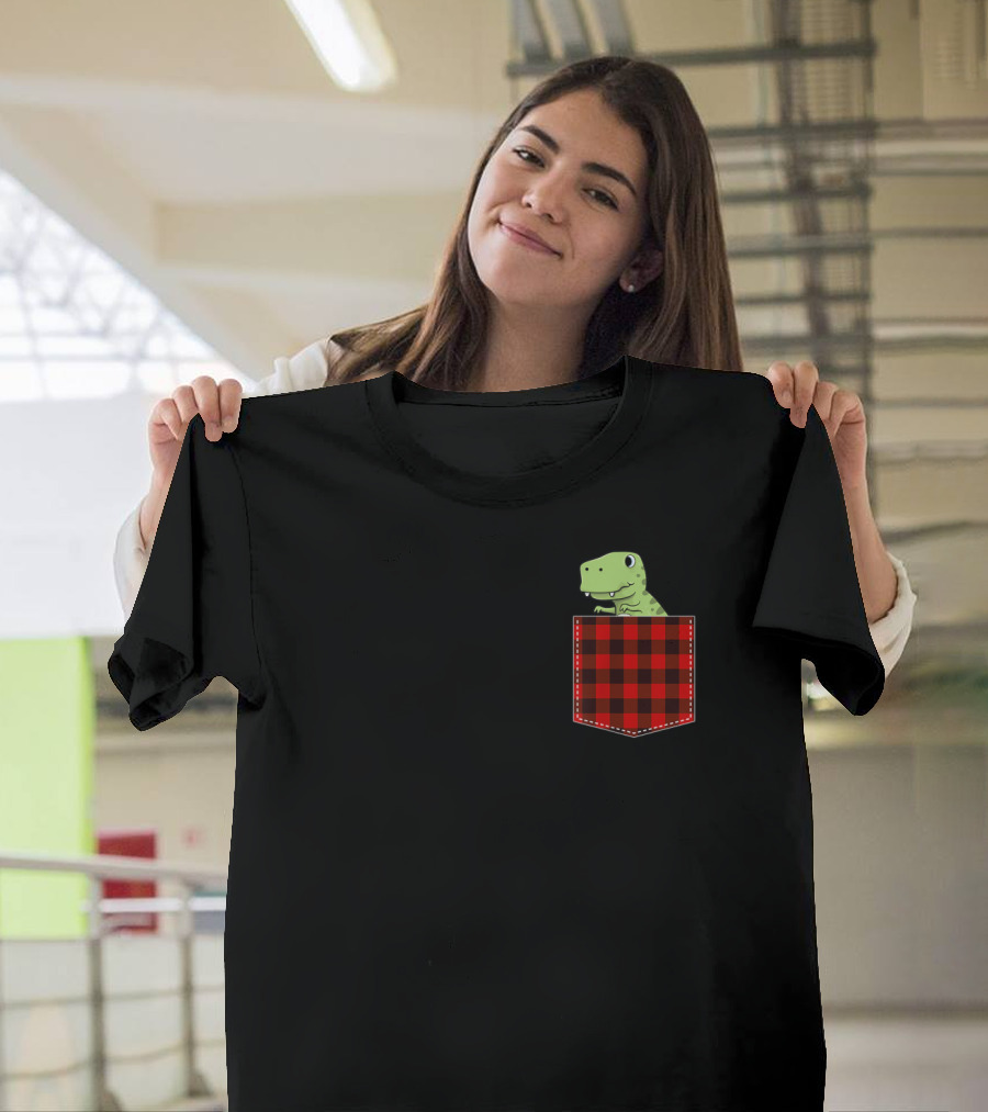 Red Plaid Dinosaur in Pocket Buffalo Family T-Shirt