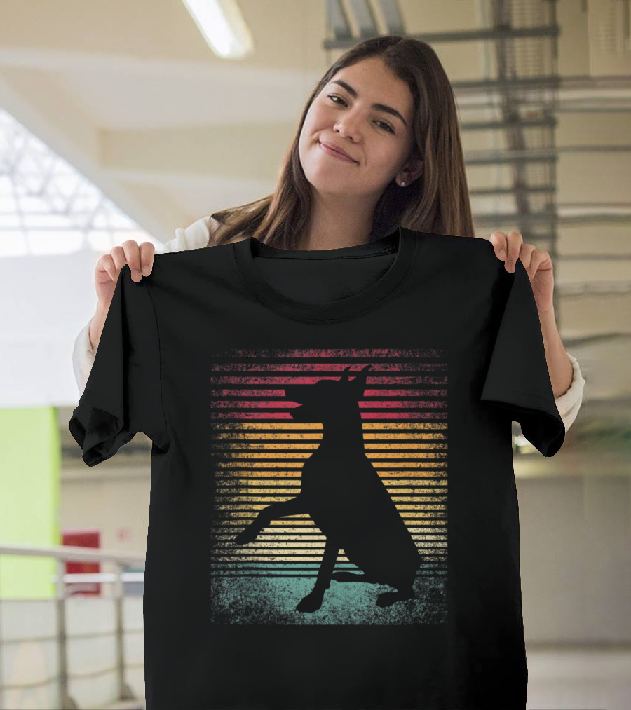 Doberman Pinscher Silhouette Vintage Retro 70s 80s Striped Sunset T-Shirt