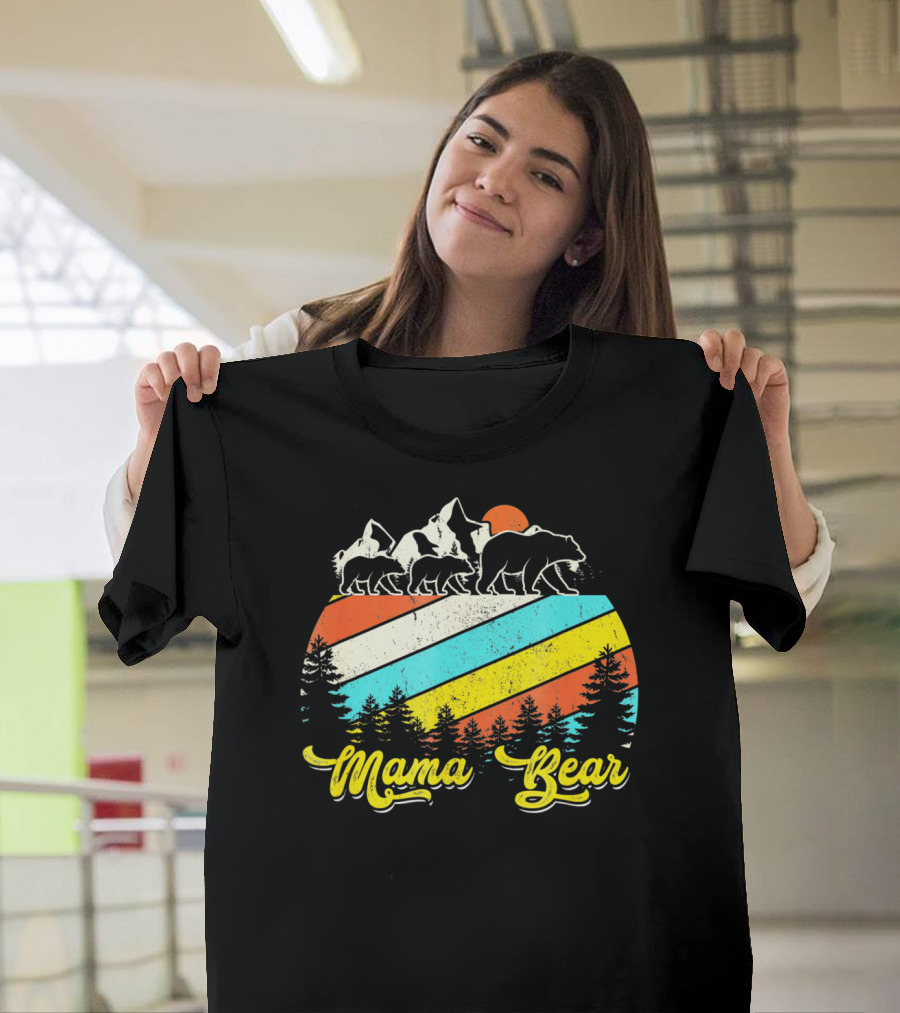 Mama Bear With Two Cubs Retro Sunset and Trees T-Shirt