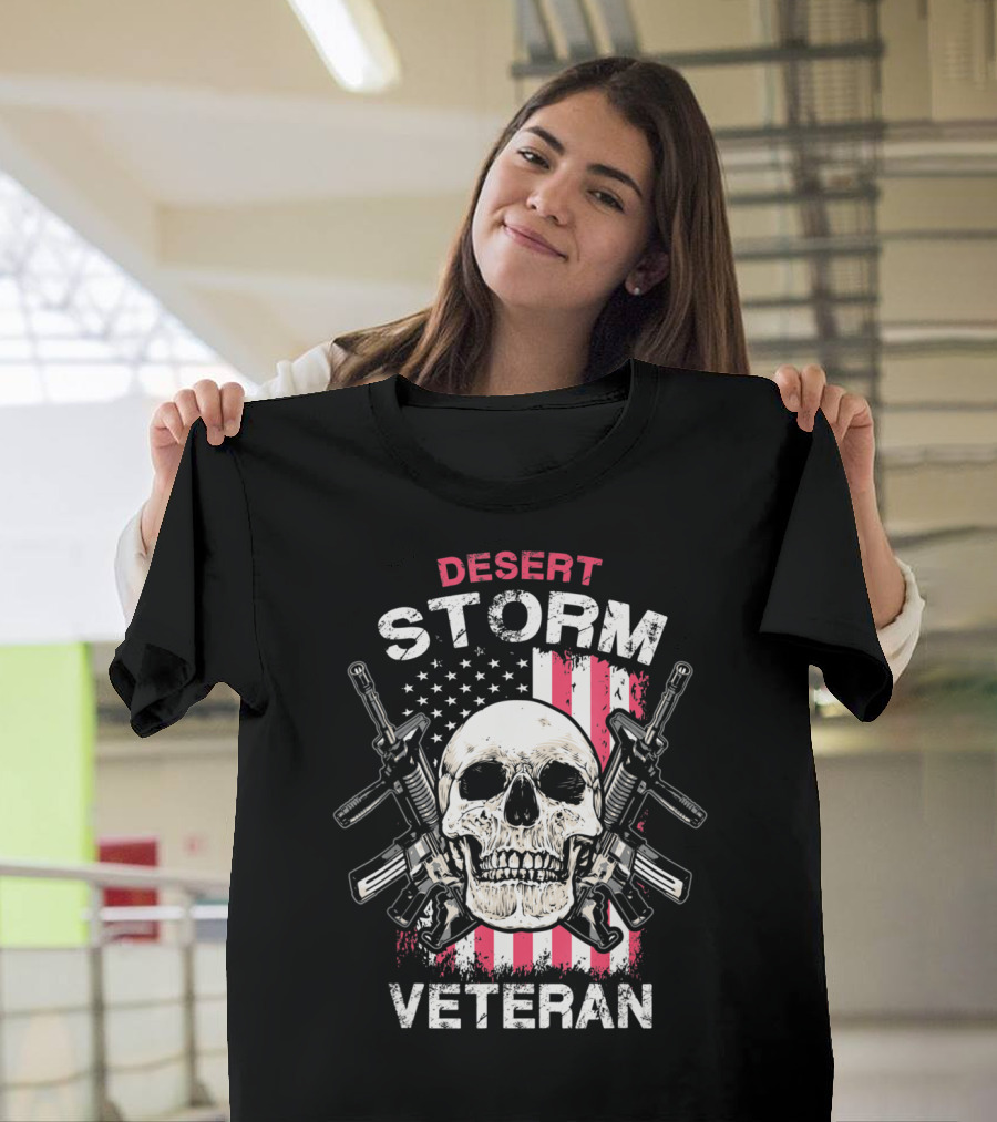 Desert Storm Veteran Skull and Guns with American Flag T-Shirt