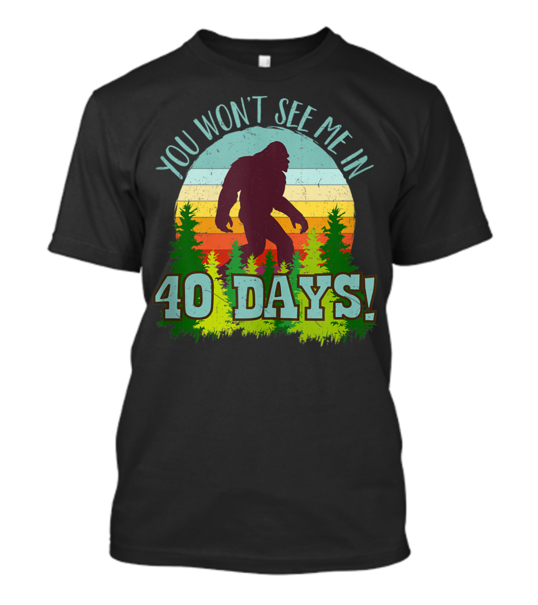 You Won't See Me In 40 Days Bigfoot Retro Forest Vintage Stripes T-Shirt