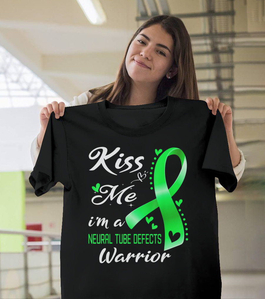 Kiss Me I'm A Neural Tube Defects Warrior Green Ribbon Hearts T-Shirt