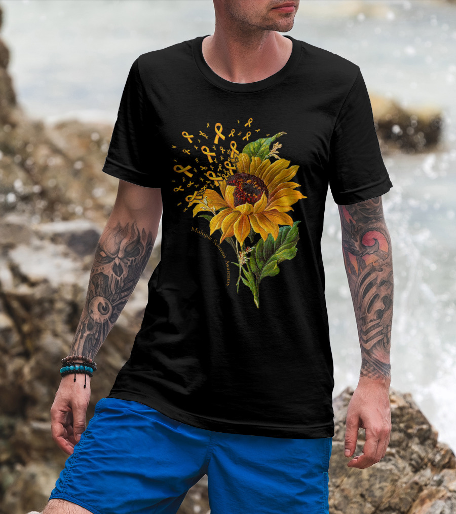 Multiple Sclerosis Awareness Sunflower With Yellow Ribbons T-Shirt