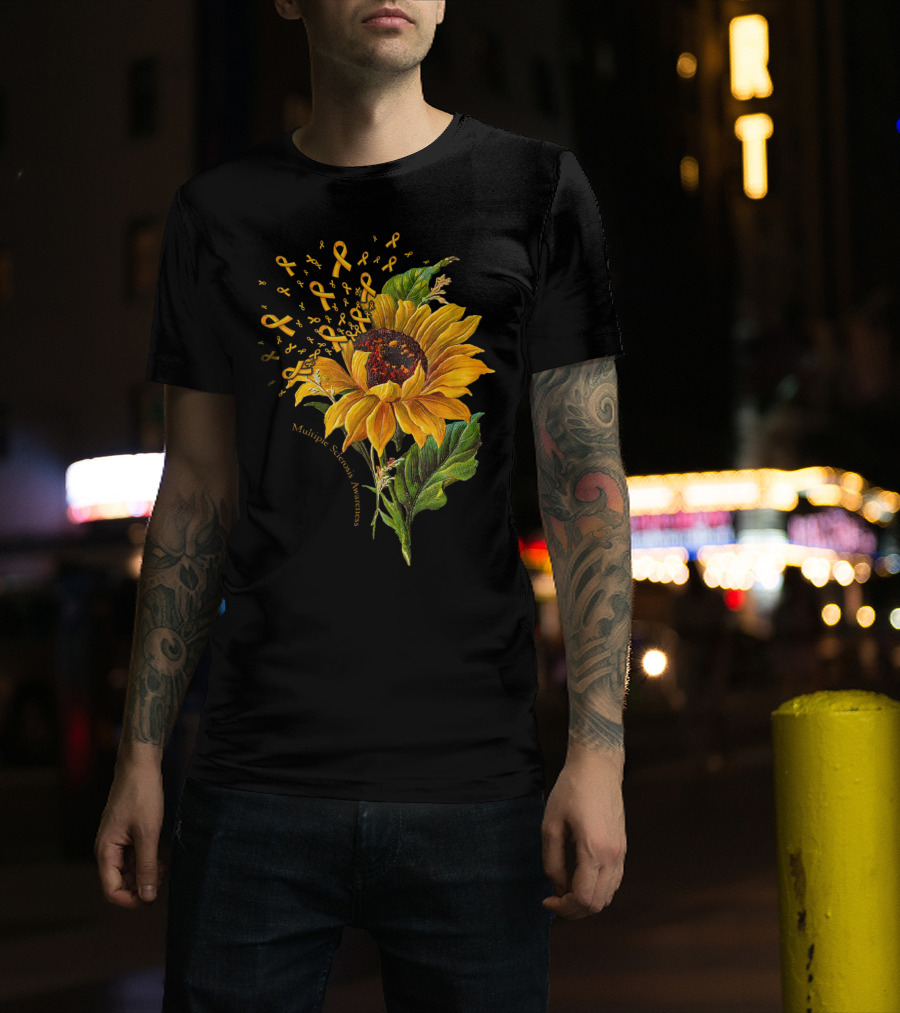 Multiple Sclerosis Awareness Sunflower With Yellow Ribbons T-Shirt