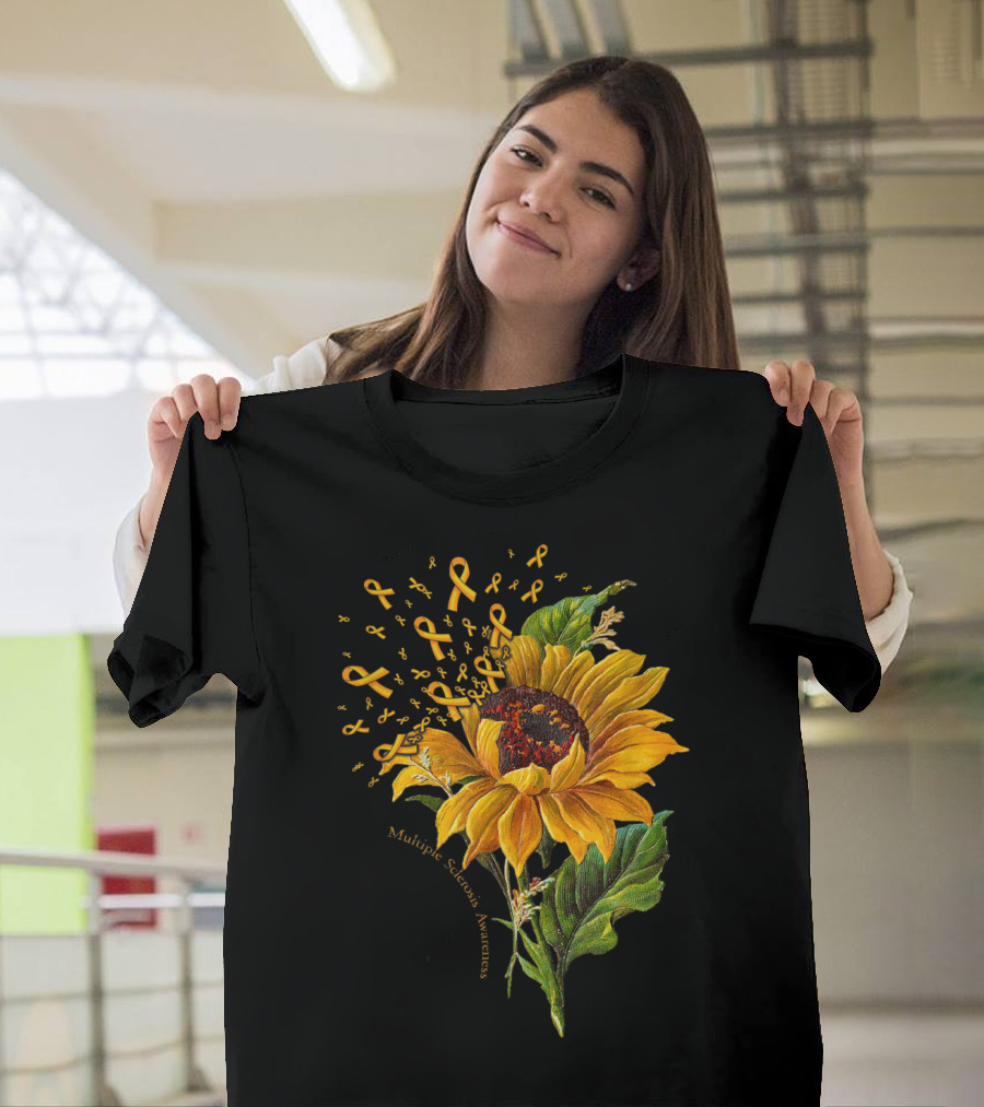 Multiple Sclerosis Awareness Sunflower With Yellow Ribbons T-Shirt