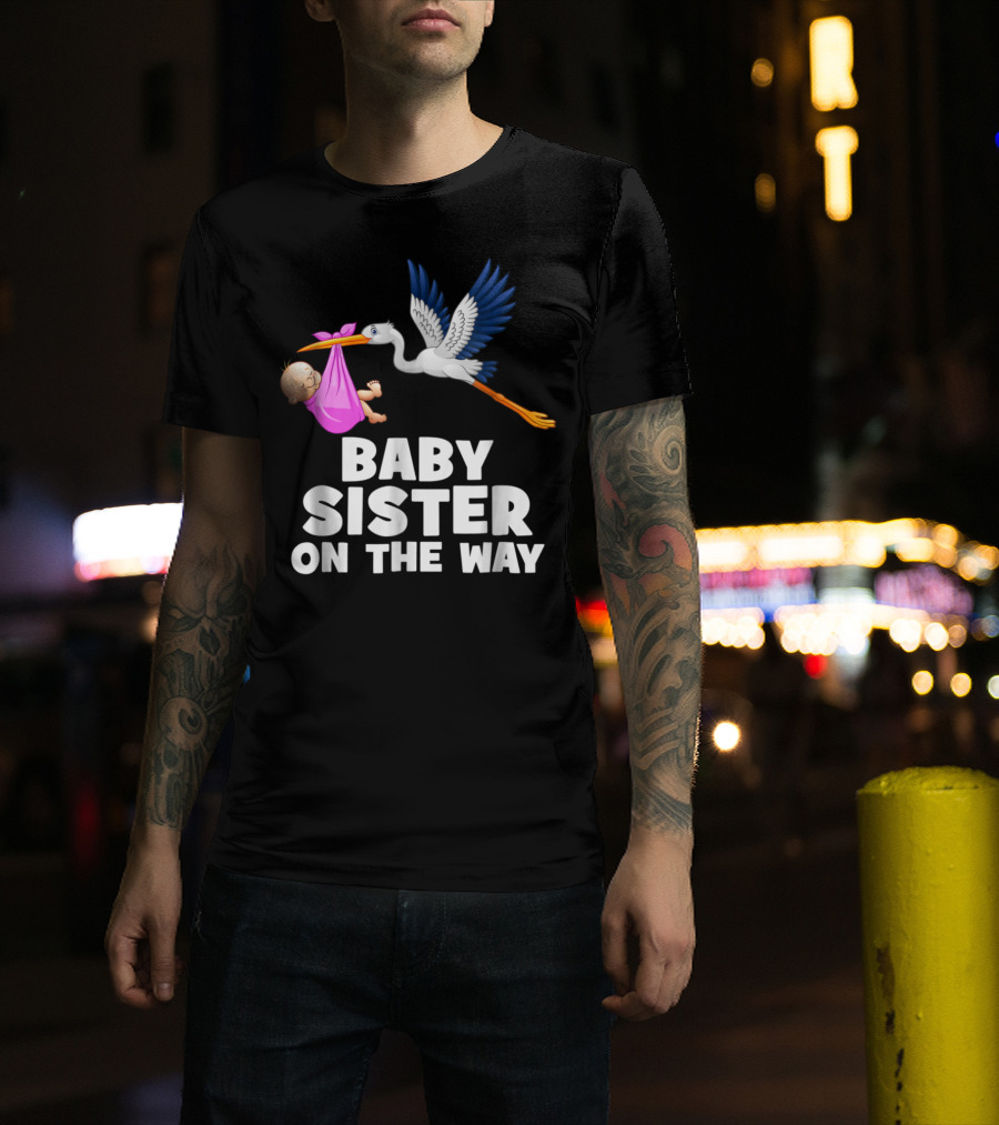 Baby Sister On The Way Stork With Bundle Big Brother And Sister T-Shirt