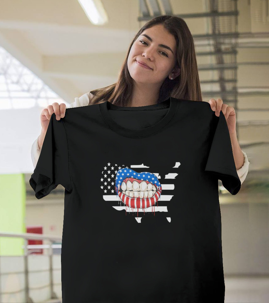 American 4Th Of July USA Map Star-Spangled Lips T-Shirt