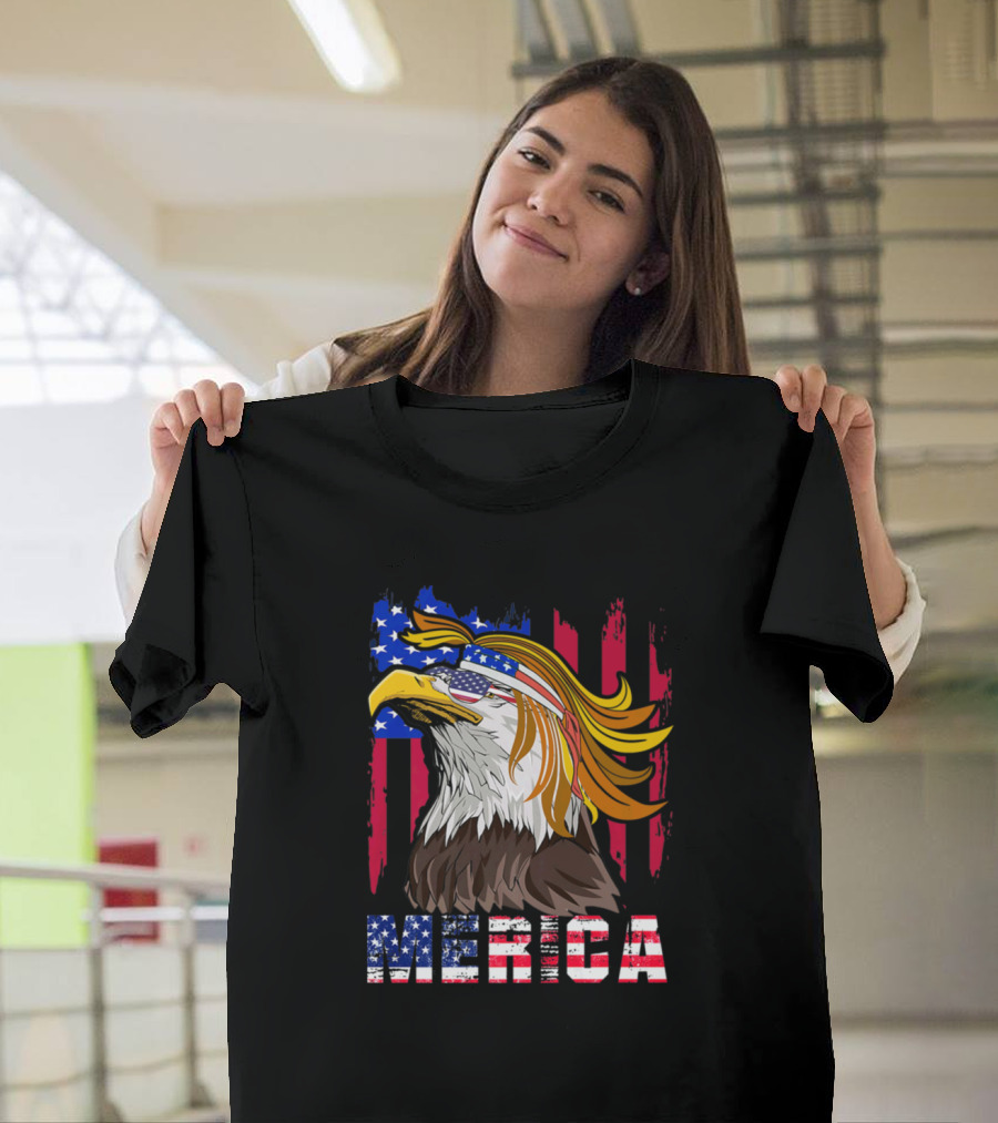 Merica 4th of July Bald Eagle with USA Bandana and Mullet T-Shirt