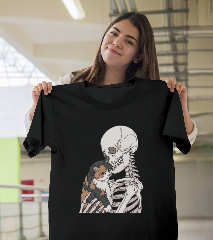 Calico Cat Friend Skeleton Hug T-Shirt