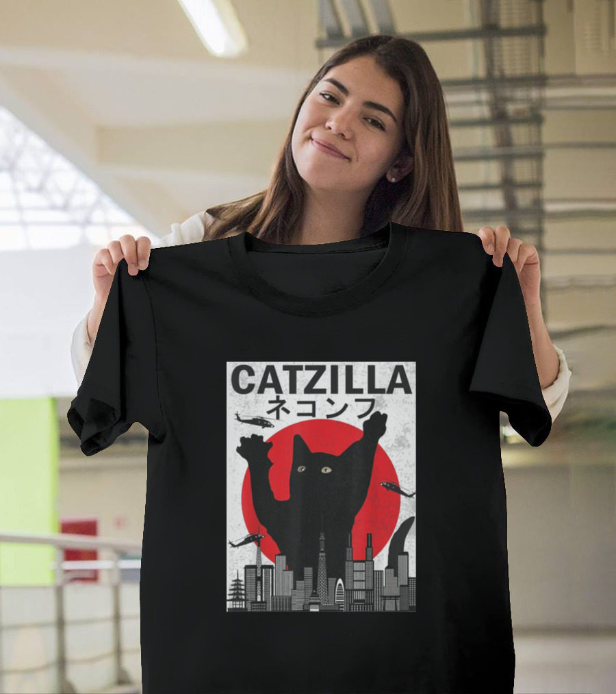 CATZILLA Cityscape Rampage with Helicopters and Red Sun T-Shirt