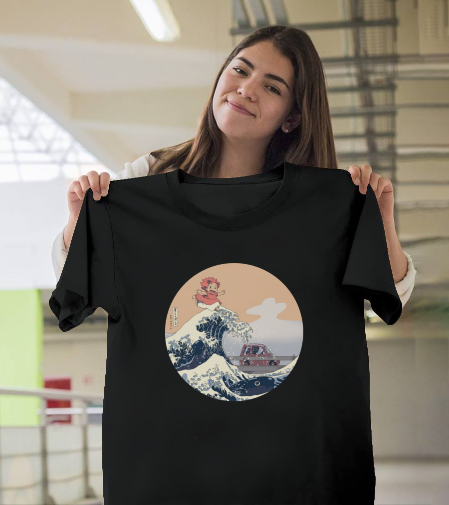 Ponyo Hokusai Great Wave Parody with Car and Ocean Scene T-Shirt
