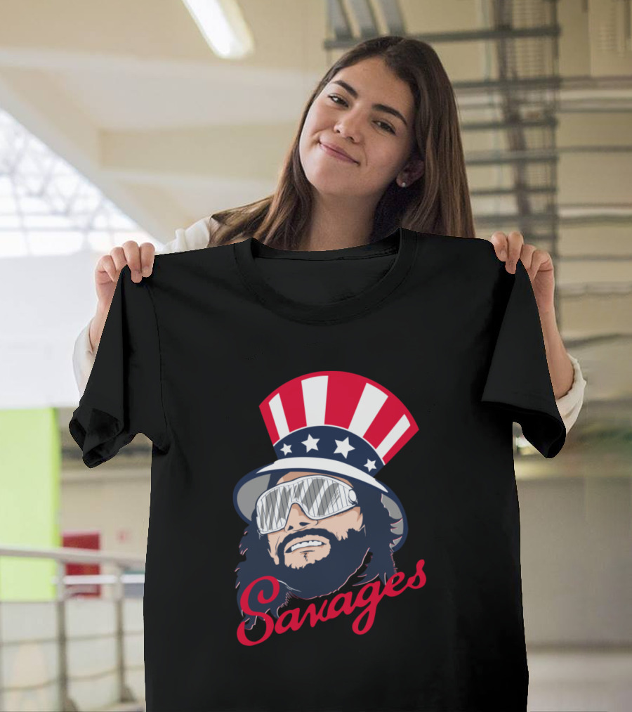 Savage Macho Man in Patriotic Hat with Star Stripes T-Shirt