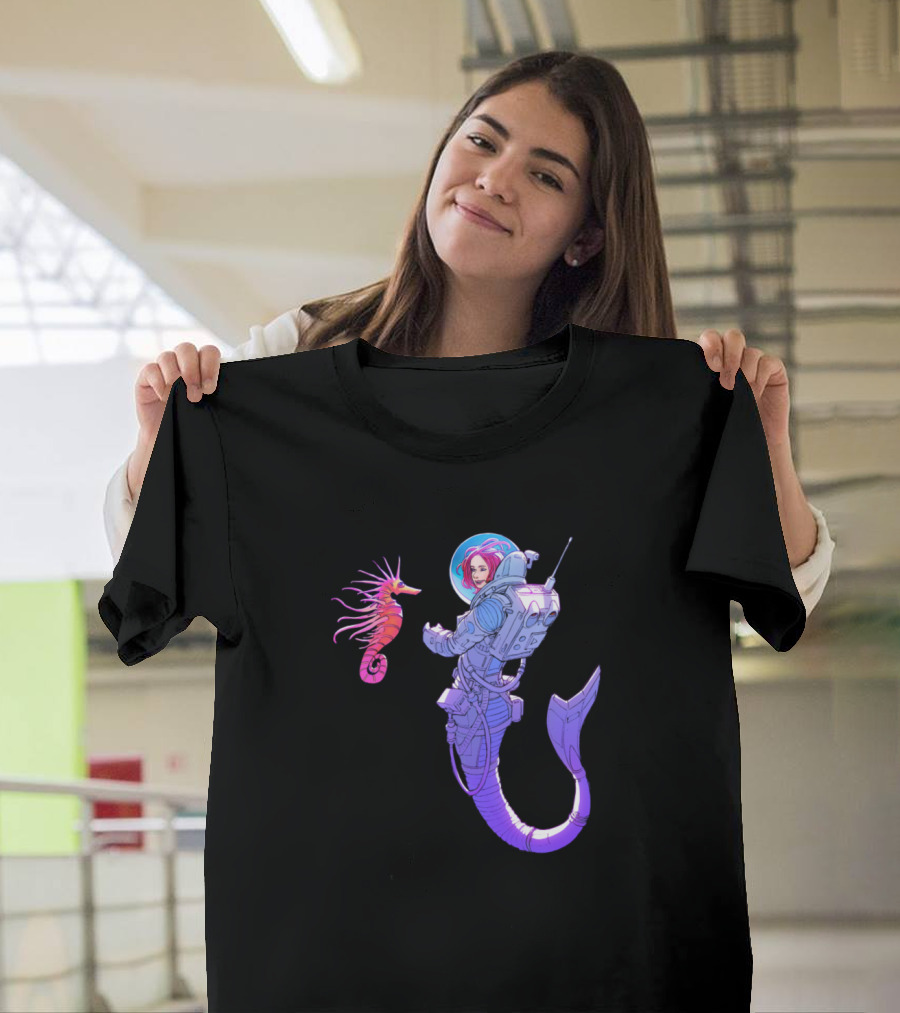 Space Mermaid Astronaut with Seahorse Companion T-Shirt
