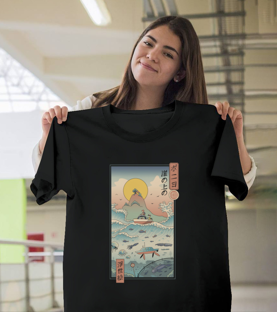 Ponyo Ukiyo E By The Sea Japanese Text Ocean Waves and Boat Scene T-Shirt