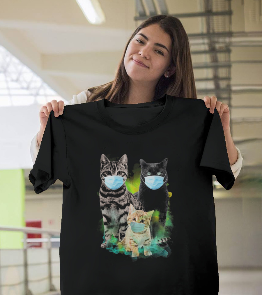 Cats Wearing Masks Bright Neon Background T-Shirt