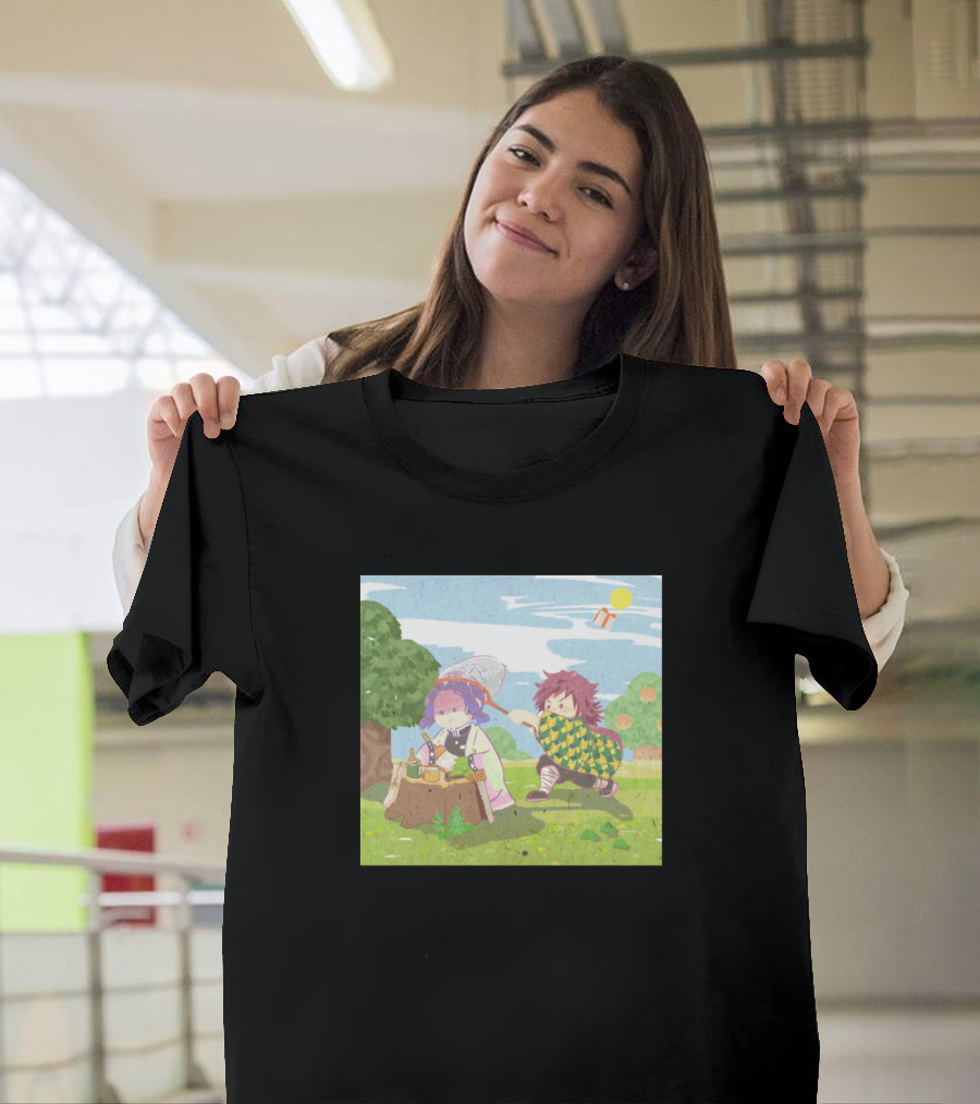 Kimetsu No Yaiba X Animal Crossing Collaboration with Characters in Scenic Garden Setting T-Shirt