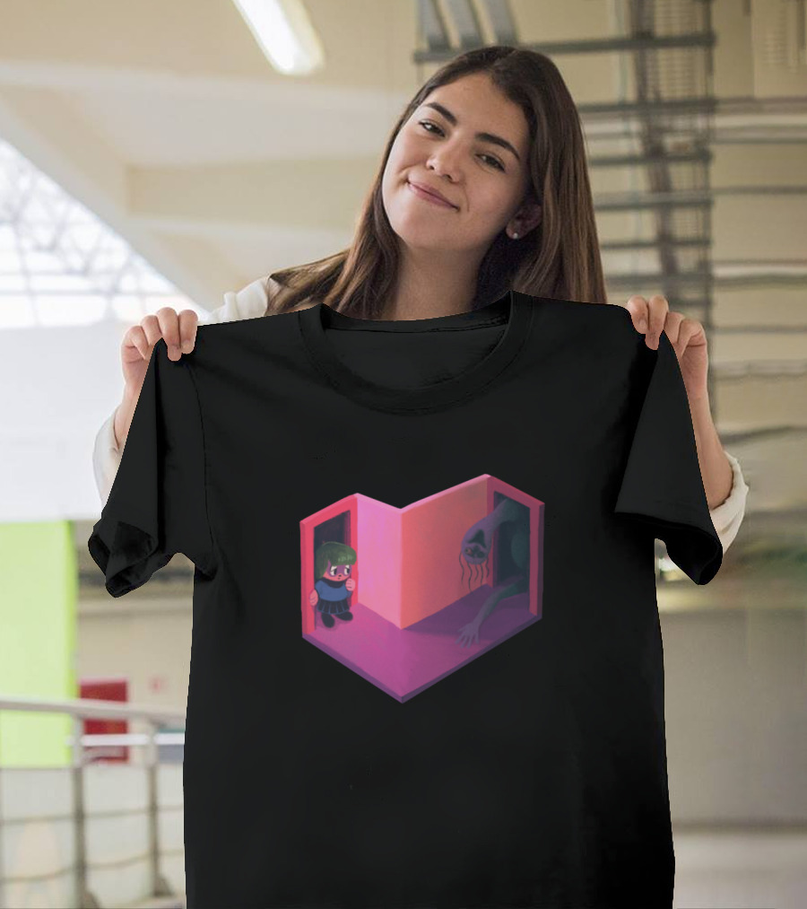 Pink Hallway Creature and Green-Haired Girl in Dimly Lit Heart-Shaped Space T-Shirt