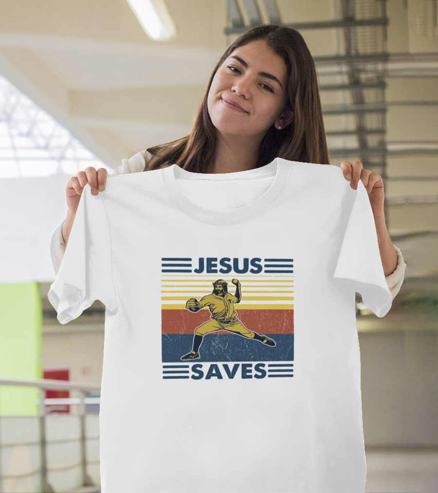 Jesus Saves Retro Baseball Pitcher Icon Stripes T-Shirt