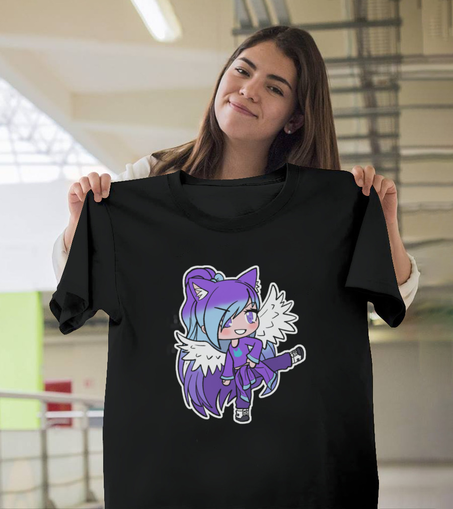Purple Winged Gacha Character with Cat Ears and Blue Hair T-Shirt