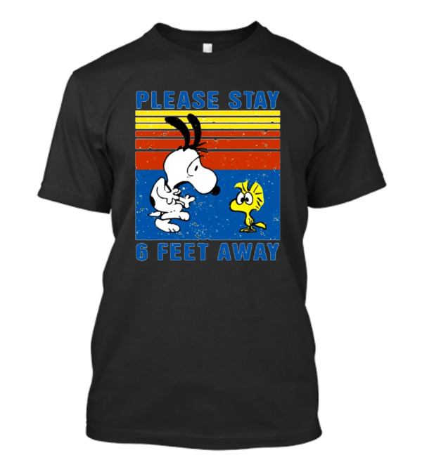 Snoopy Woodstock Please Stay 6 Feet Away Retro Stripes T-Shirt
