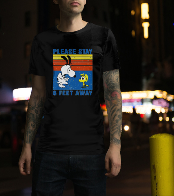 Snoopy Woodstock Please Stay 6 Feet Away Retro Stripes T-Shirt