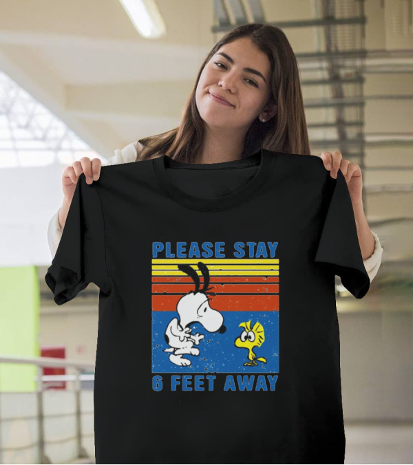 Snoopy Woodstock Please Stay 6 Feet Away Retro Stripes T-Shirt