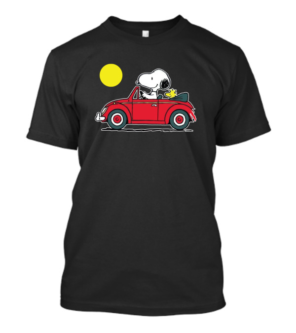 Snoopy And Woodstock Driving Red Car Under Sun T-Shirt