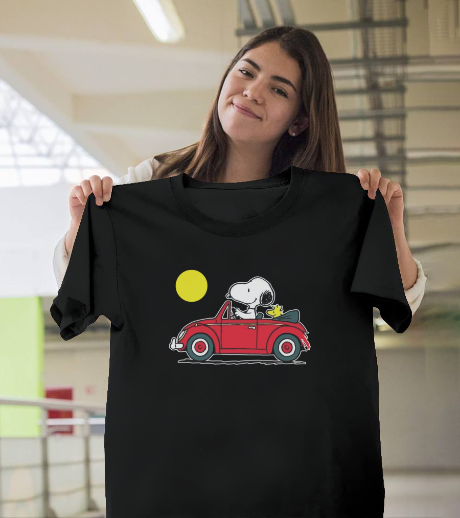 Snoopy and Woodstock Driving Red Car Under Sun T-Shirt