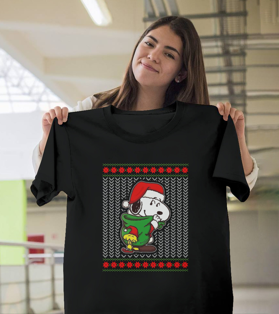 Snoopy Ugly Christmas Sweater with Santa Hat and Woodstock T-Shirt