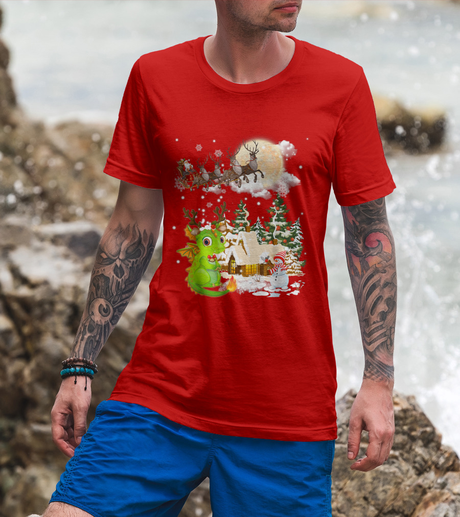 Santa's Sleigh Ride Over Snowy Village With Festive Dragon T-Shirt