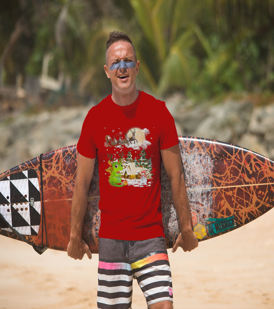 Santa's Sleigh Ride Over Snowy Village With Festive Dragon T-Shirt