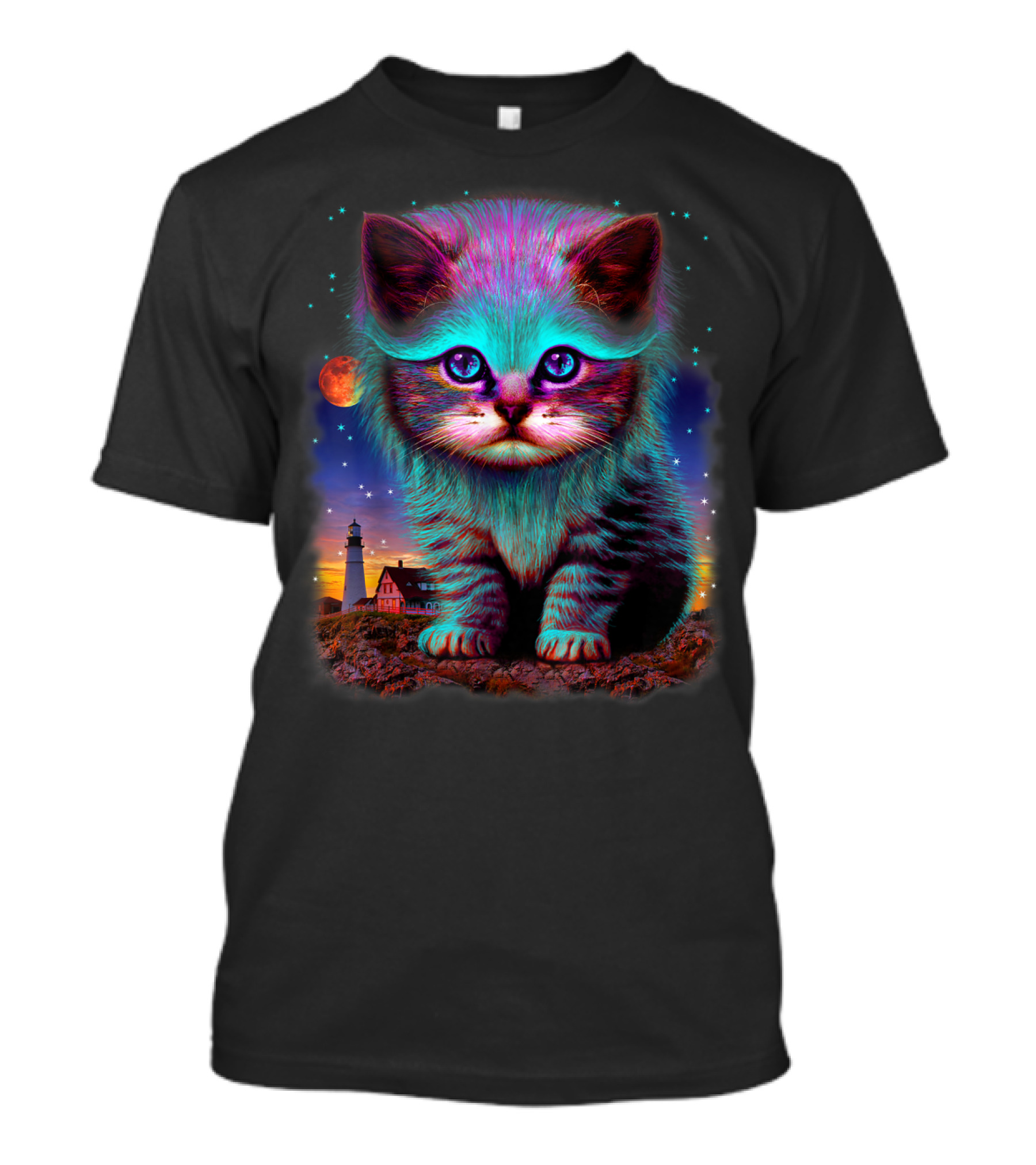 Alien Cat Fantasy Galaxy In Colorful Space With Cute Kitten And Lighthouse Moon Stars T-Shirt