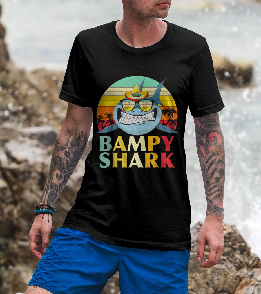 Bampy Shark Grandad From Grandchildren Shark With Sombrero And Sunglasses T-Shirt
