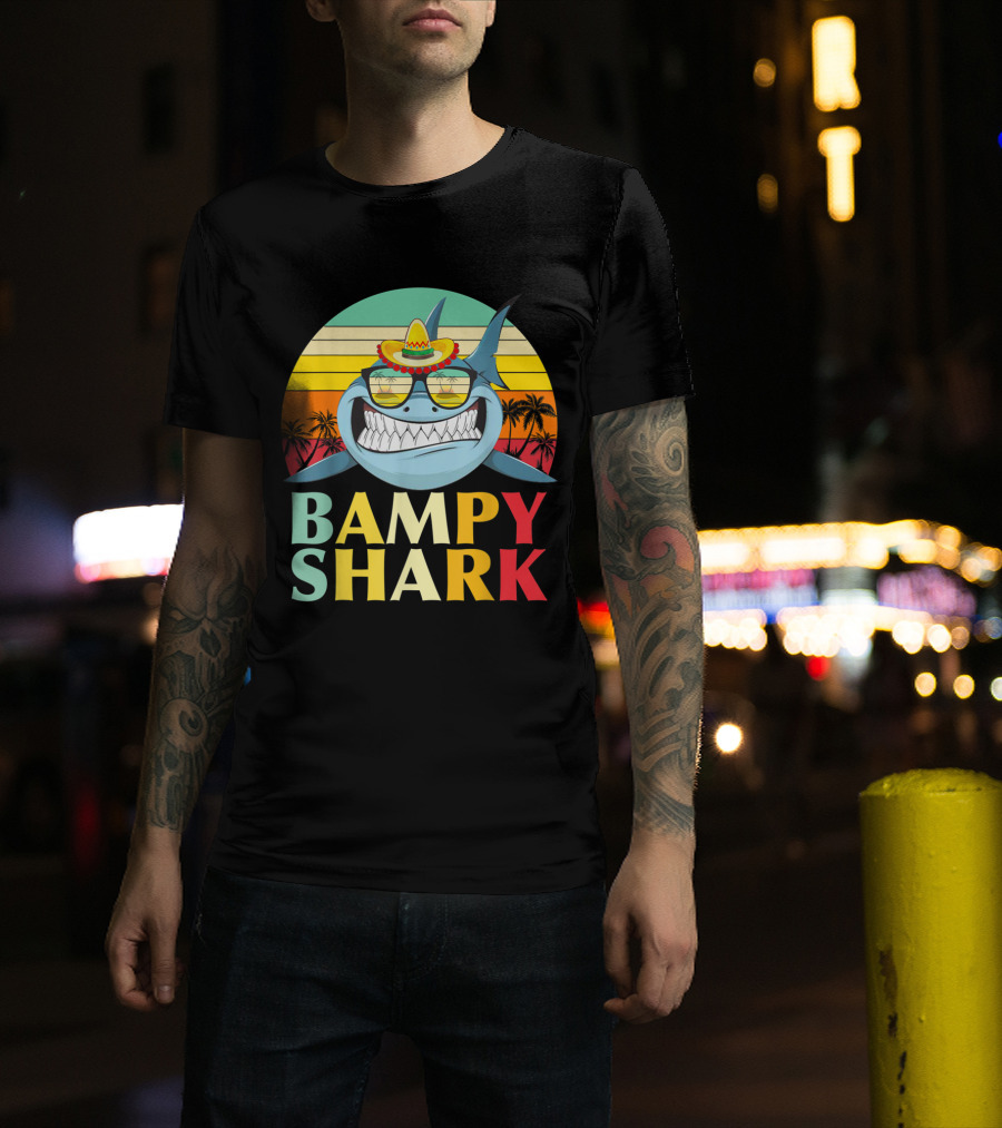 Bampy Shark Grandad From Grandchildren Shark With Sombrero And Sunglasses T-Shirt
