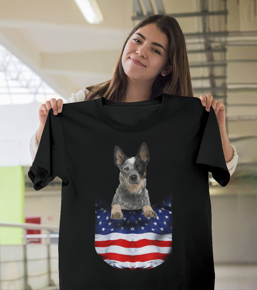 Australian Cattle Dog Pocket Funny American Flag Dog T-Shirt