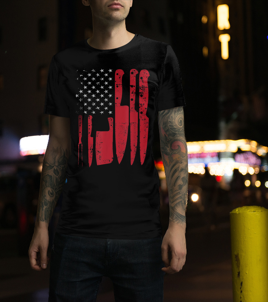 American Flag Stars Butcher Knife Set Vintage Look T-Shirt
