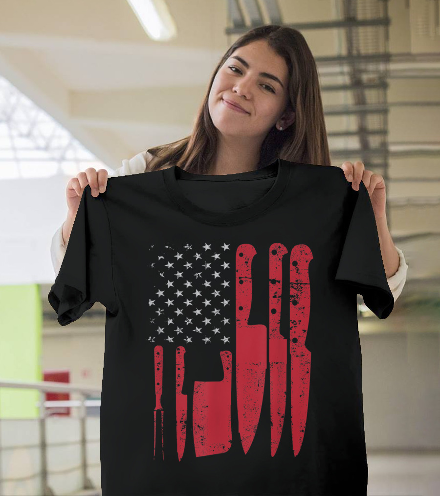 American Flag Stars Butcher Knife Set Vintage Look T-Shirt