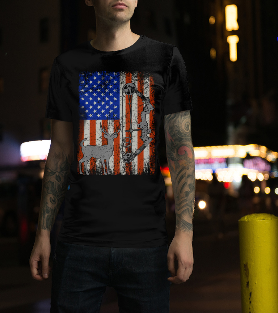 American Flag Deer Bow Hunter Hunting T-Shirt
