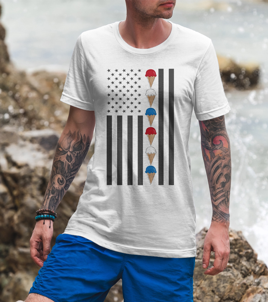 American Flag Ice Cream Cones Red White And Blue Patriotic Summer T-Shirt