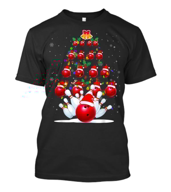 Bowling Ball Christmas Tree With Santa Hats And Snowflakes T-Shirt